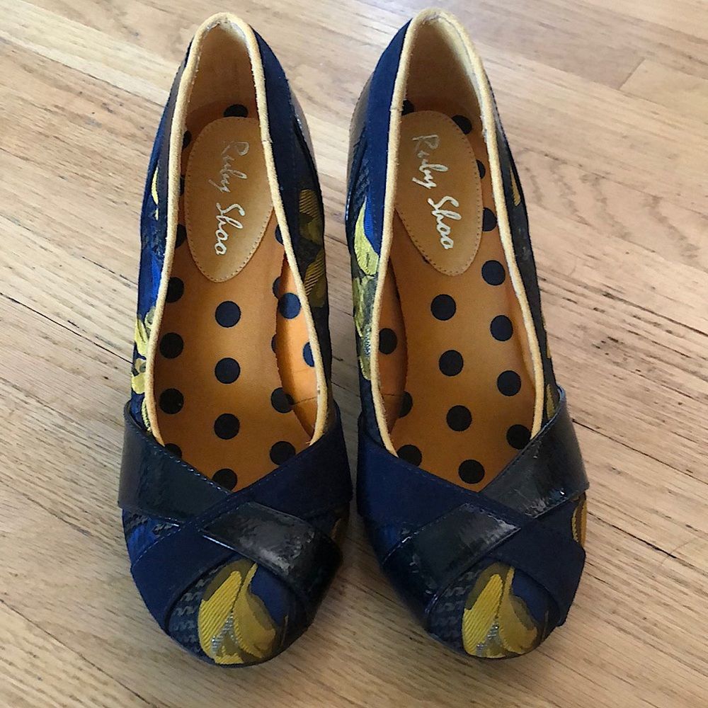 Ruby Shoo High Heel Panelled Court Navy Mustard